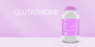 A pill bottle titled Glutathione on a pink background - long long life supplement transhumanism longevity