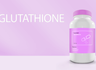 A pill bottle titled Glutathione on a pink background - long long life supplement transhumanism longevity