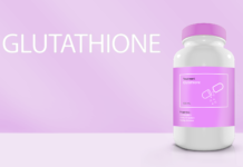 A pill bottle titled Glutathione on a pink background - long long life supplement transhumanism longevity