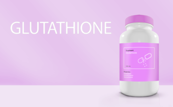A pill bottle titled Glutathione on a pink background - long long life supplement transhumanism longevity
